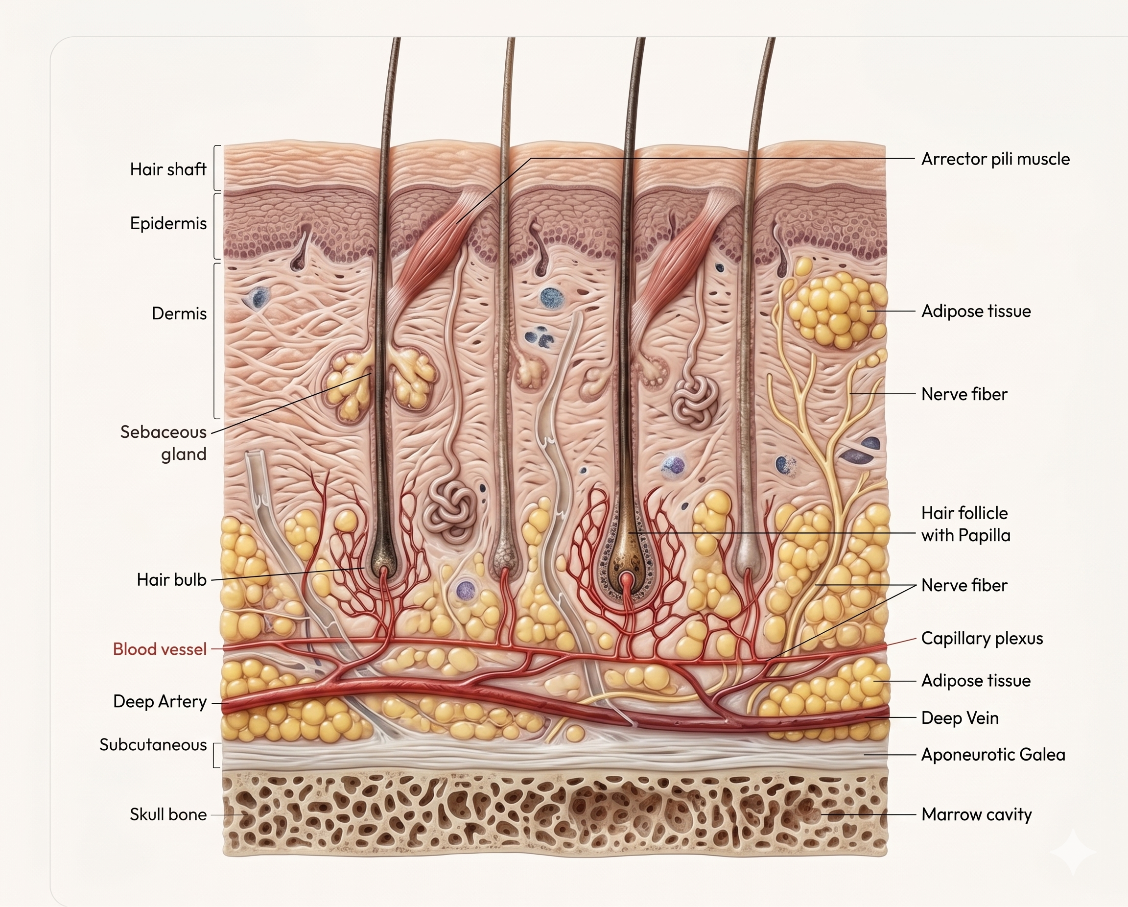 Illustrated hair-and-scalp cross-section showing hair shafts, epidermis, dermis, sebaceous glands, arrector pili muscles, hair follicles and bulbs, vessels, nerves, adipose tissue, the galea, and skull bone.