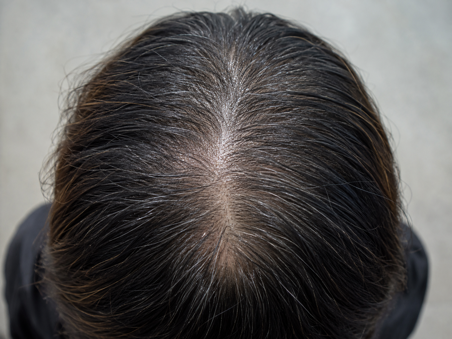 Close view of a client's crown showing greater visible shine and surface coating than the comparison region.