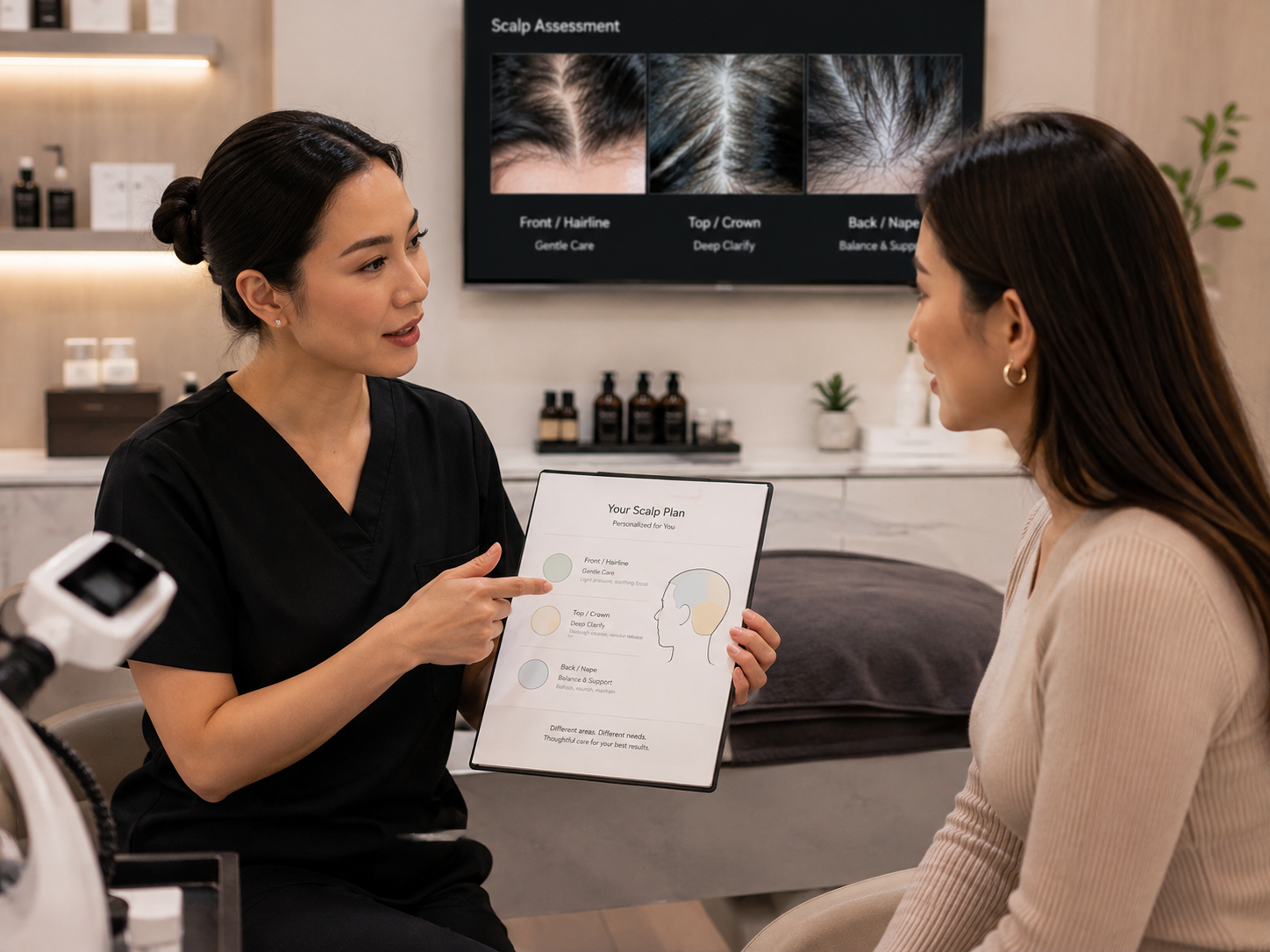 Practitioner explains a personalized regional scalp-service plan to a seated client in a treatment room.