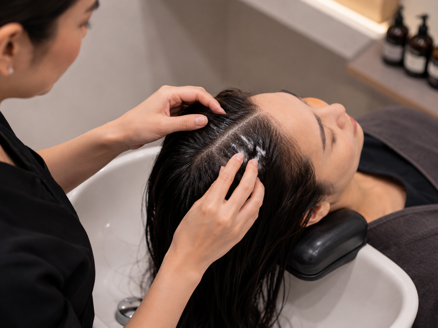 Practitioner sections the crown and applies cleansing product specifically at the roots while customizing treatment by region.