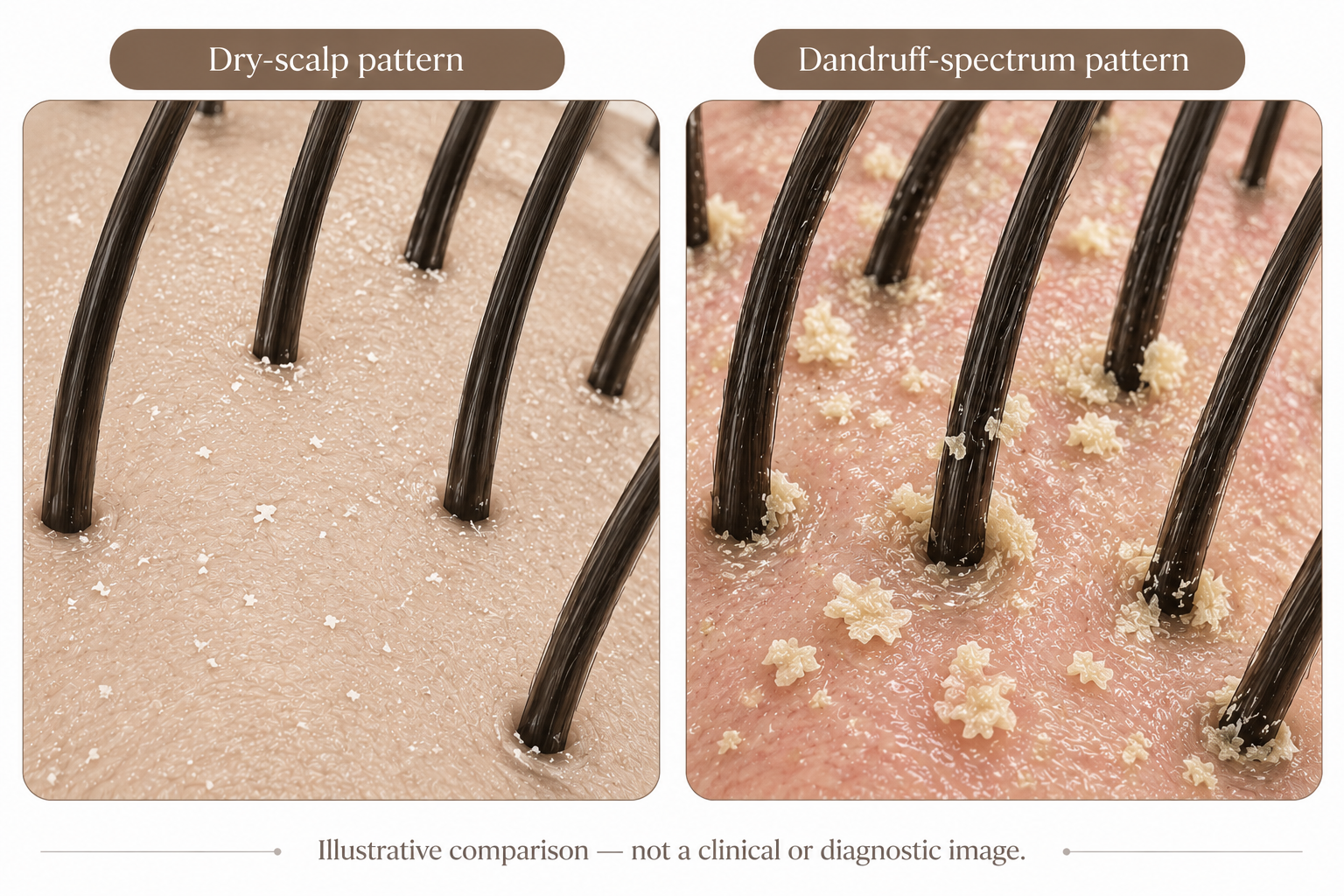 Illustrative comparison of a dry-scalp pattern and a dandruff-spectrum pattern, showing fine powdery matte flaking versus larger yellowish flakes with visible oil near the root.