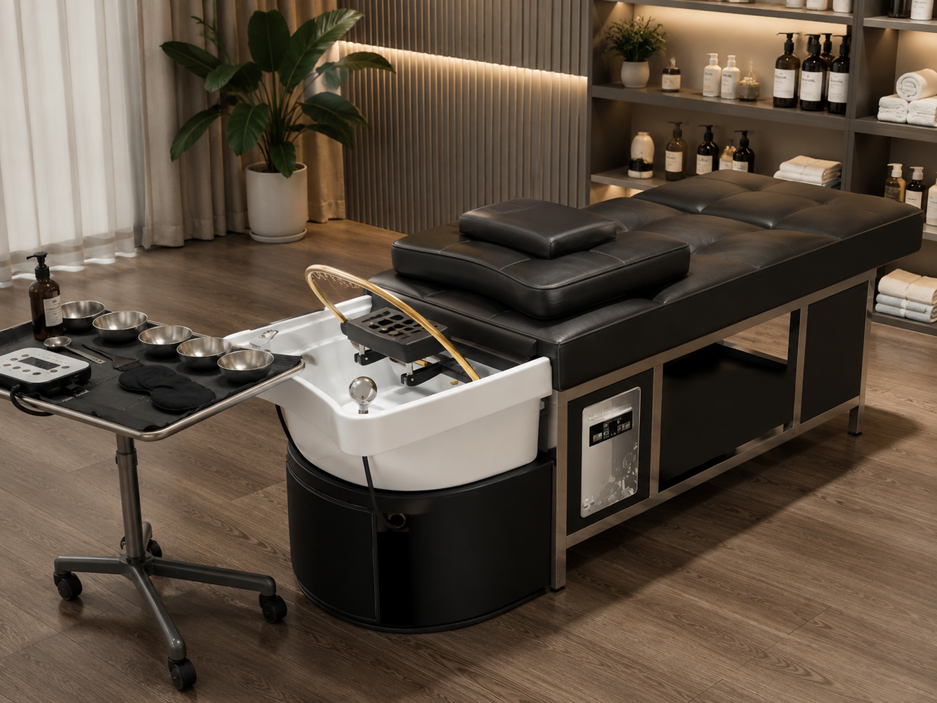 A head spa station viewed at an angle, with the rolling product cart positioned to the practitioner's left of the treatment bed and basin.