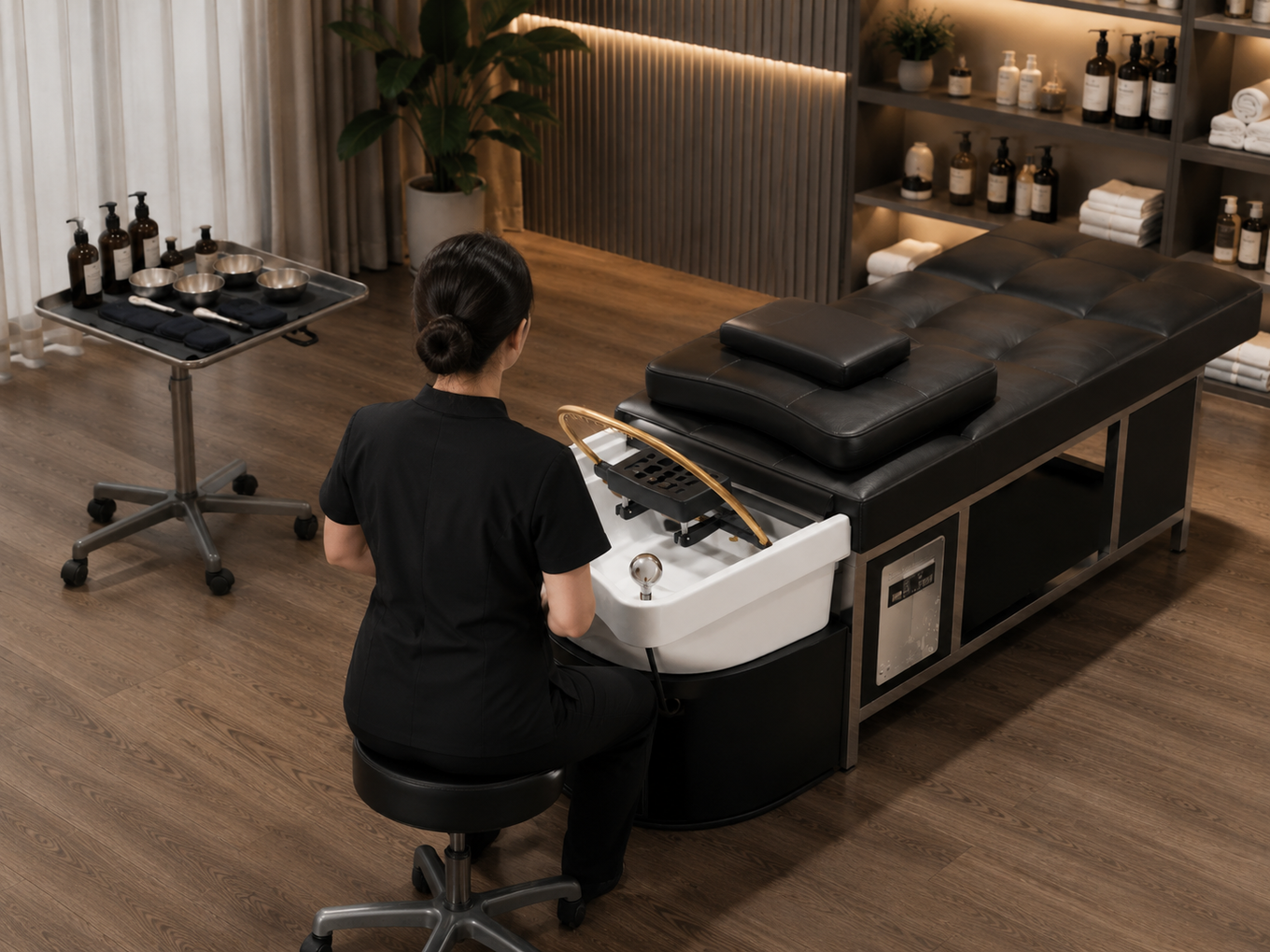 A practitioner seated at the treatment bed's basin, with the rolling cart holding the active-use product dishes positioned several steps away across the room.