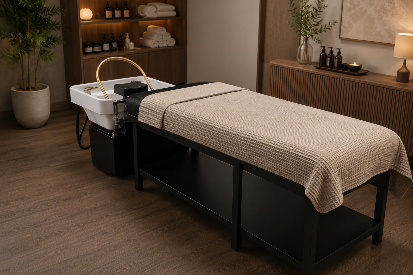A head spa treatment bed with a halo basin at the head end and a plain, flat-sided cushion with no armrests.