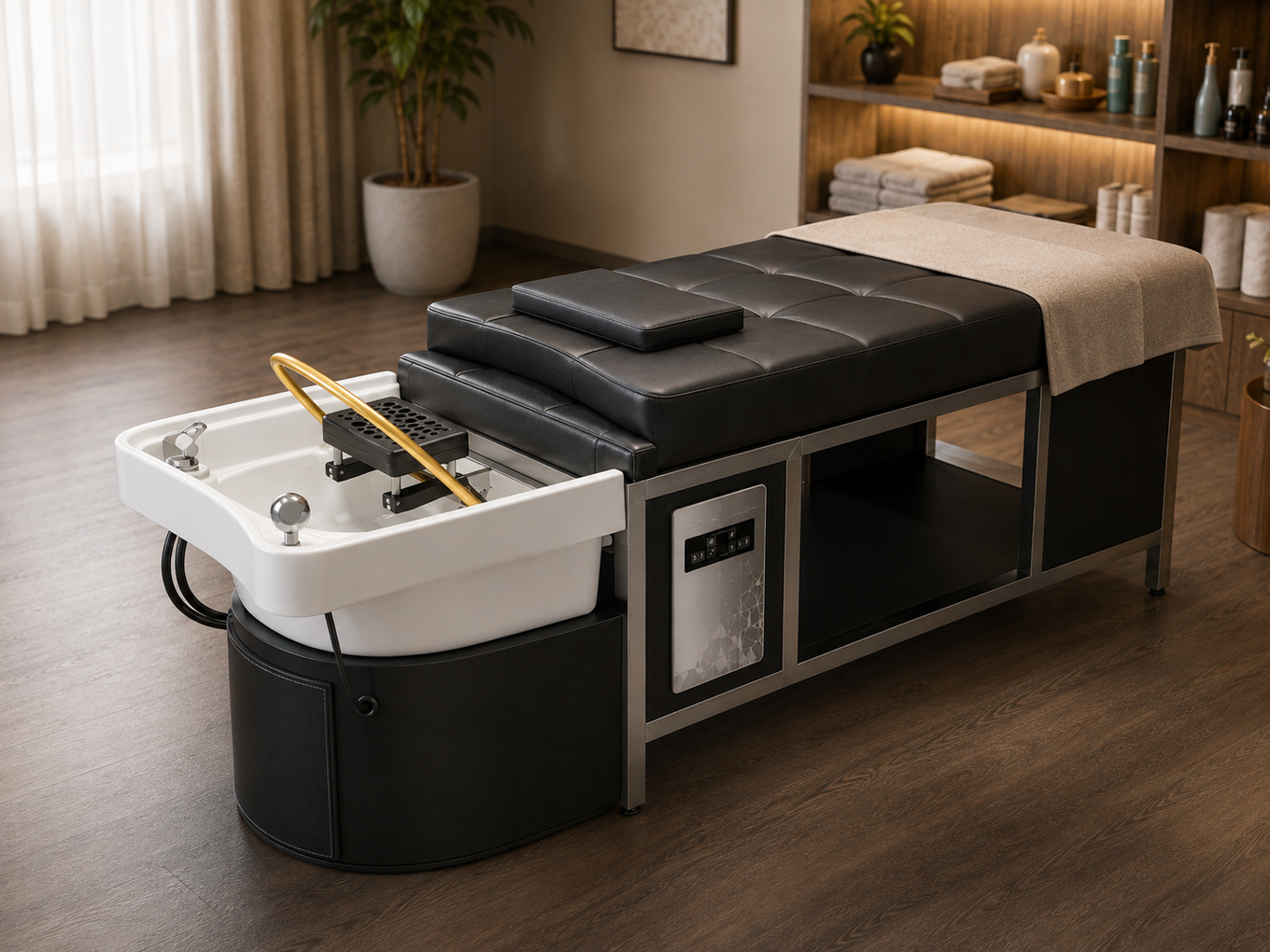 A configured head spa bed with the halo/basin assembly in place, clean linens on the bed, and the headrest visible and unobstructed.