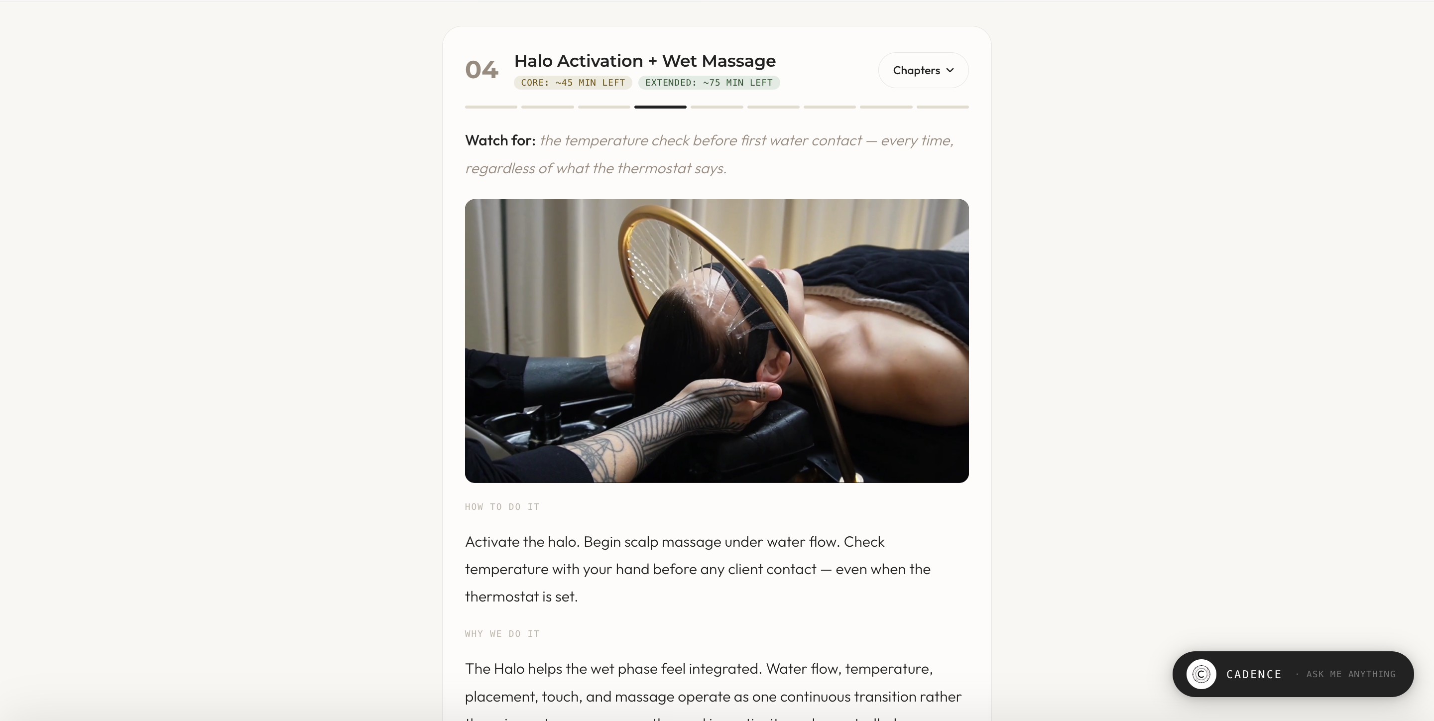 AIMT course interface: Module 8 video chapter, Halo Activation + Wet Massage, with practitioner and communication cues