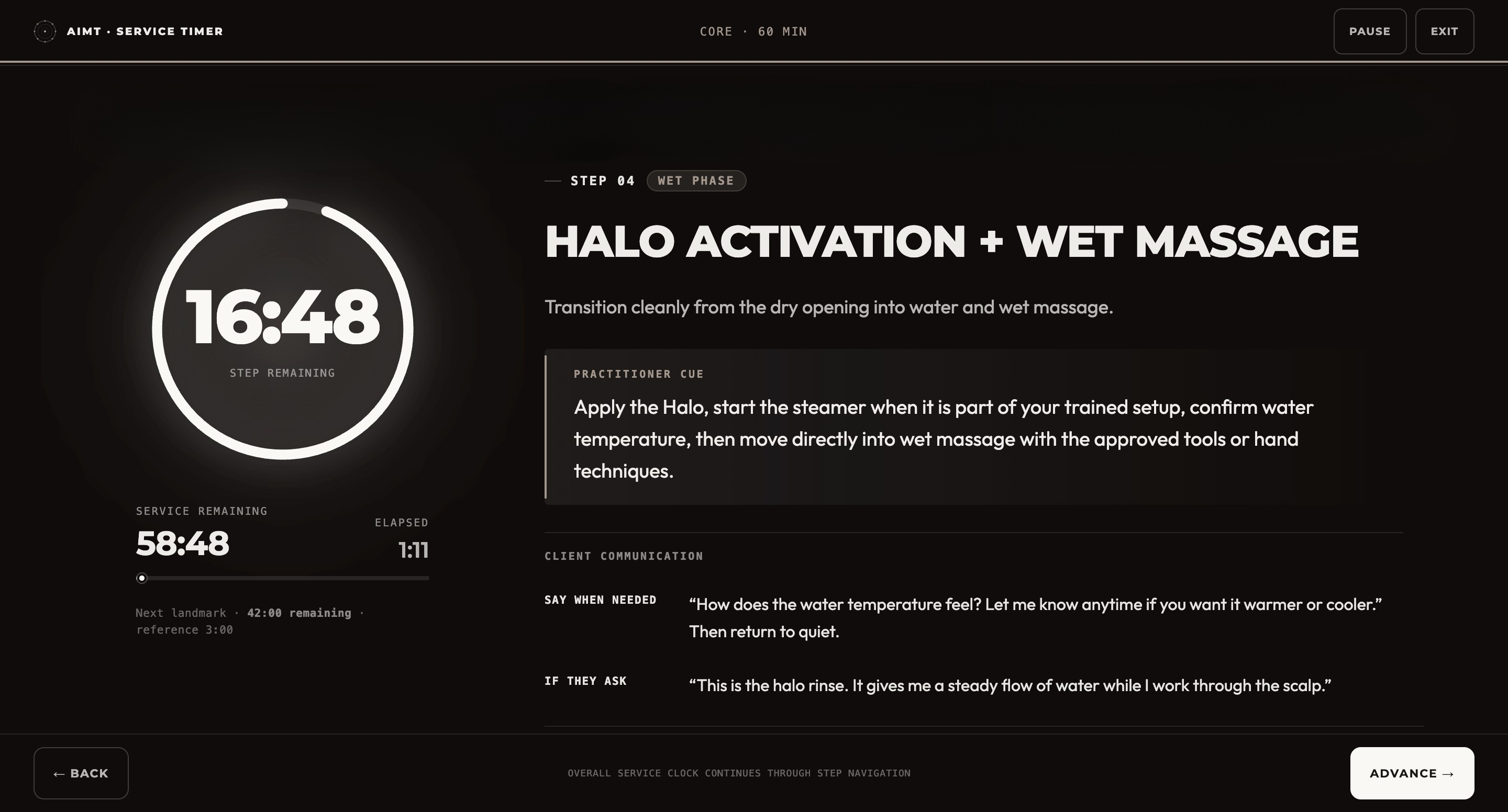 The real AIMT Service Timer running Core Format, Step 03 — Dry Brushing and Hair Play, with elapsed time, practitioner cue, and communication cue