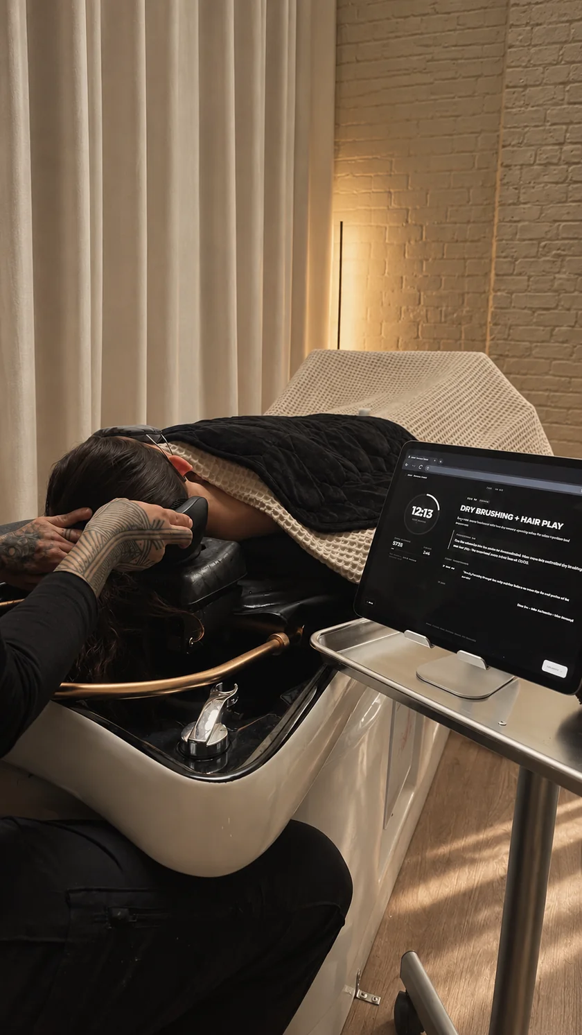 A practitioner performing a head spa treatment at the wash station, with the AIMT Service Timer visible on a tablet at treatment-room side