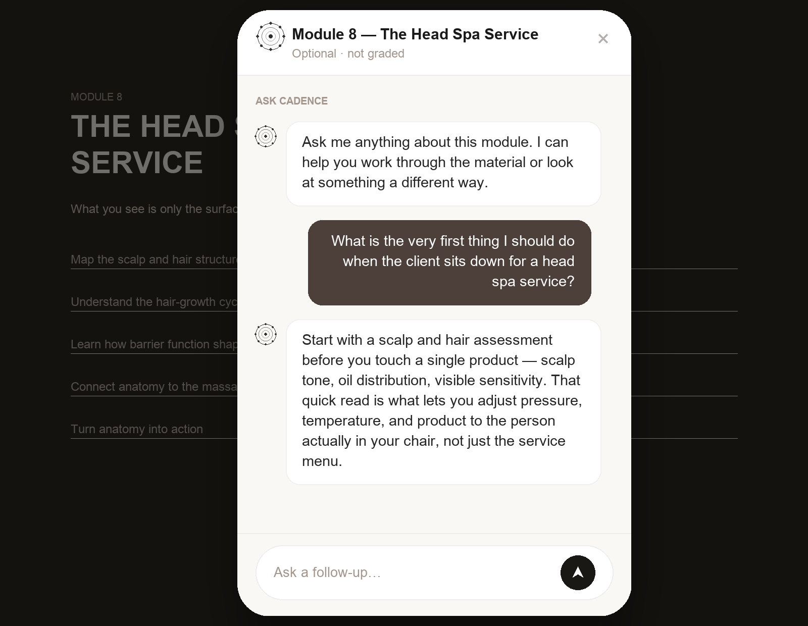 The Ask Cadence panel open over a dimmed course module, phone-like and centered