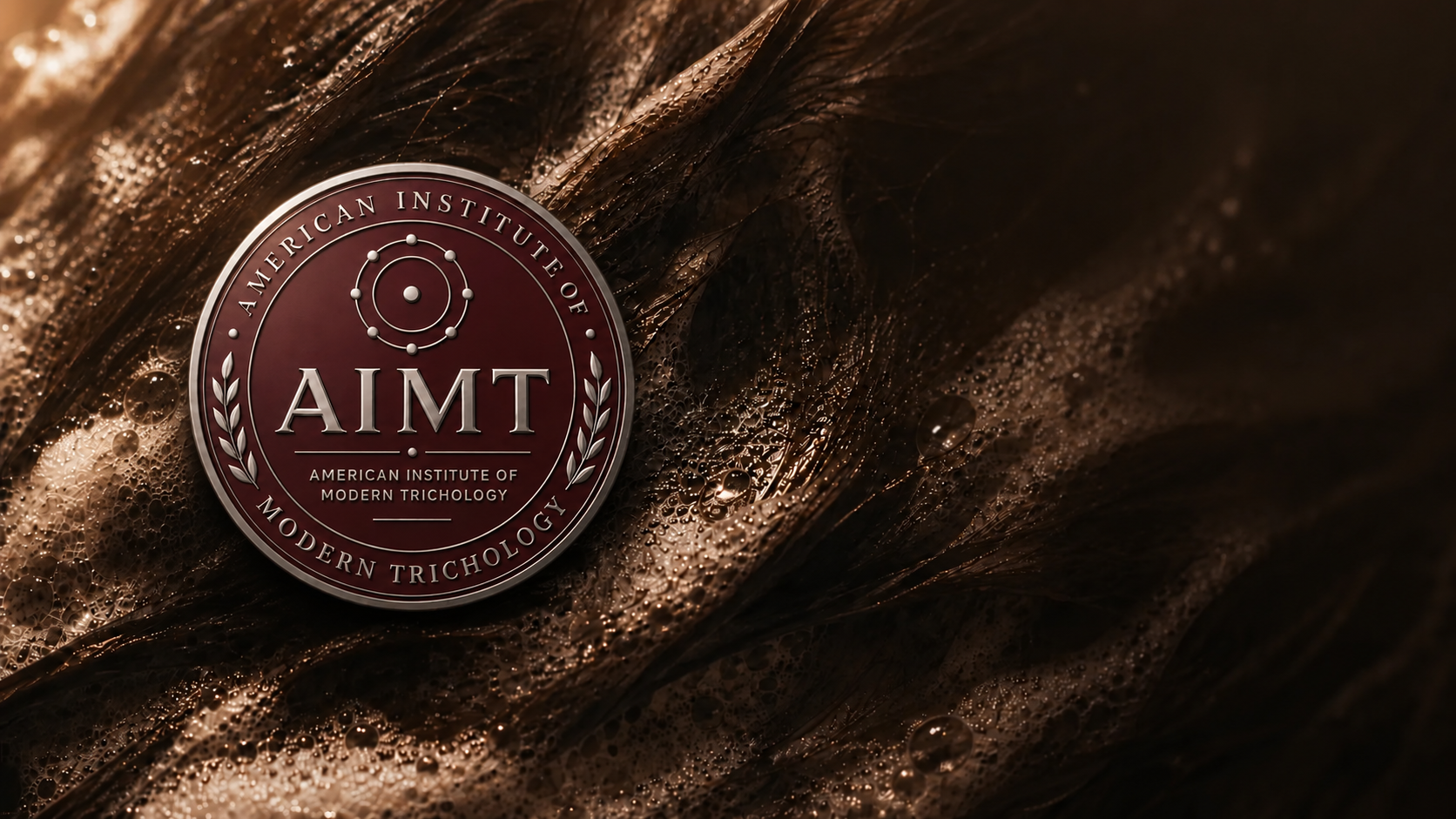 The AIMT certification badge resting on wet, lathered hair