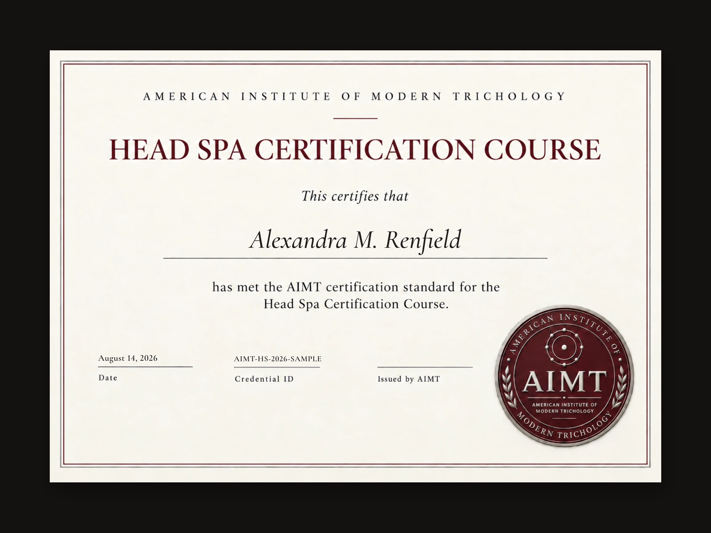 Sample AIMT Head Spa Certification Course certificate, shown with an illustrative name and sample credential ID