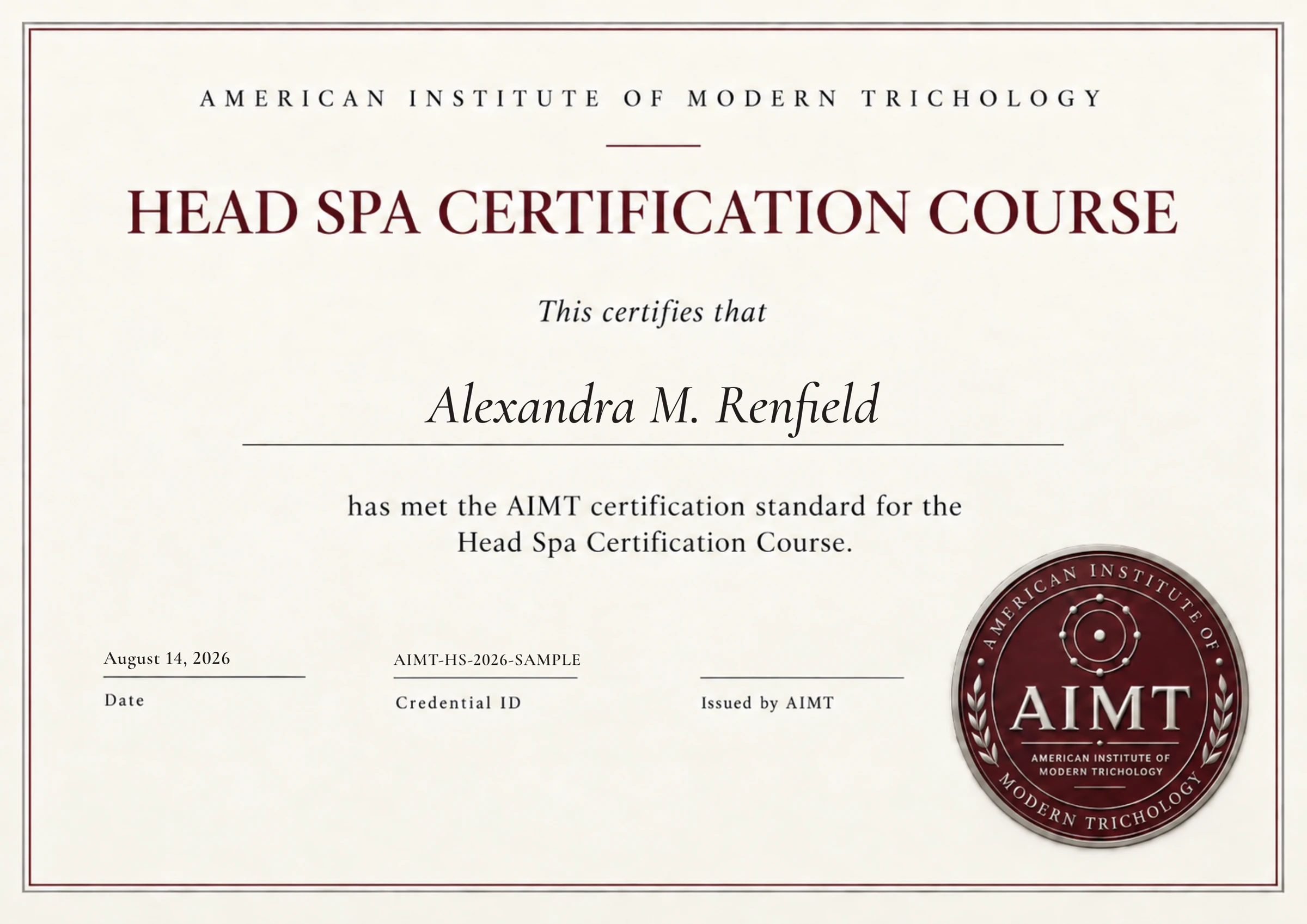 Sample AIMT Head Spa Certification Course certificate, shown with an illustrative name and sample credential ID
